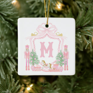 Watercolor Pink Nutcracker Monogram Crest Ceramic Ornament