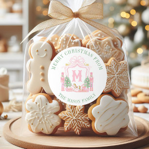 Watercolor Pink Nutcracker Monogram Crest Classic Round Sticker