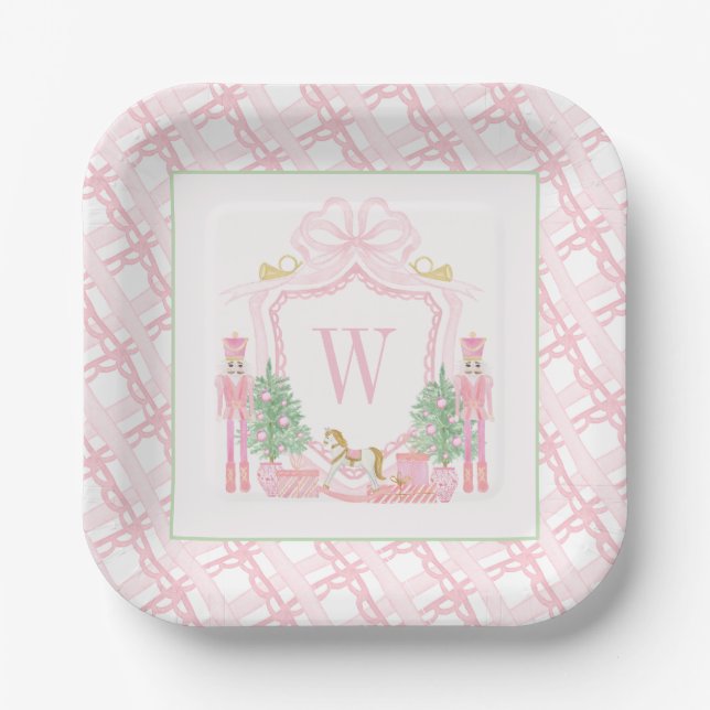 Watercolor Pink Nutcracker Monogram Crest Paper Plate (Front)
