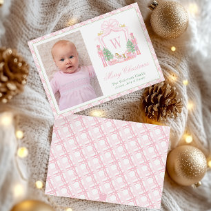 Watercolor Pink Nutcracker Monogram Crest Photo Holiday Card