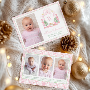 Watercolor Pink Nutcracker Monogram Crest Photo Holiday Card