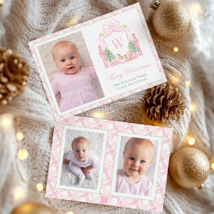 Watercolor Pink Nutcracker Monogram Crest Photo Holiday Card