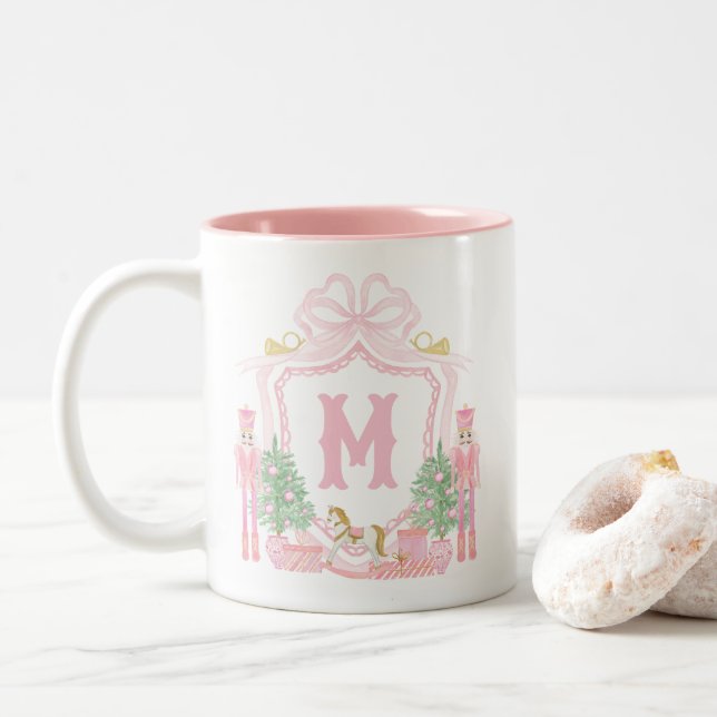 Watercolor Pink Nutcracker Monogram Crest Two-Tone Coffee Mug (With Donut)