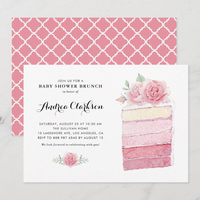 Watercolor Pink Ombre Cake Baby Shower Brunch Invitation (Front/Back)
