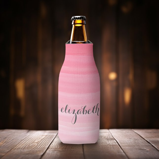 Watercolor Pink Ombre Feminine Monogram Name Bottle Cooler (Personalize this pink watercolor  bottle cooler with your monogram.)