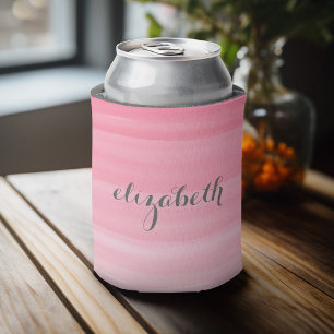Watercolor Pink Ombre Feminine Monogram Name Can Cooler