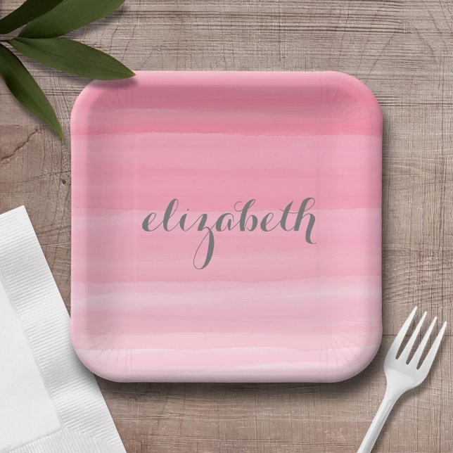 Watercolor Pink Ombre Feminine Monogram Name Paper Plate (Personalized party plates with a watercolor background and script name)