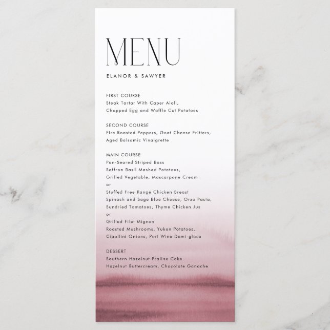Watercolor Pink Ombre Modern Wedding Menu (Front)