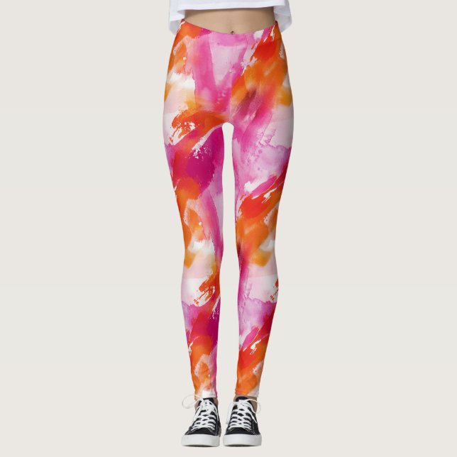 Watercolor Pink Orange Abstract Leggings (Front)