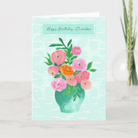 Watercolor Pink Orange and Coral Flowers Teal Vase