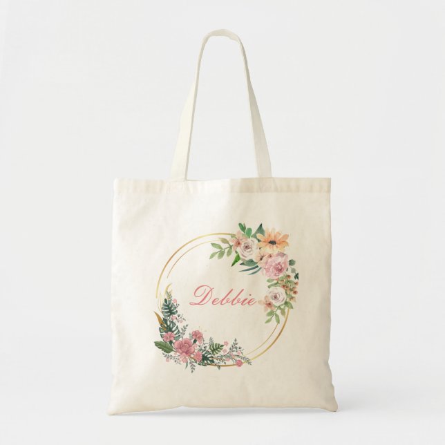Watercolor Pink Orange Floral Personalised Tote  Bag (Front)