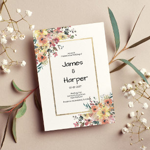 Watercolor pink orange gold floral country Wedding Invitation