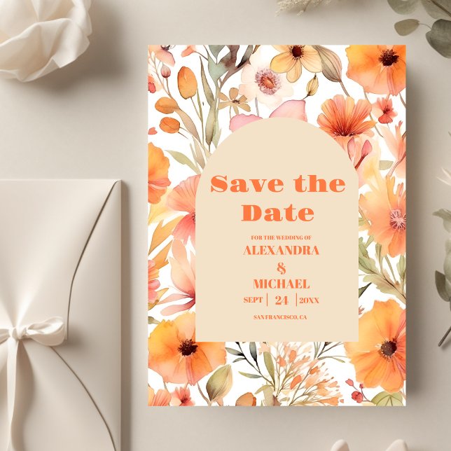 Watercolor Pink Orange Wildflowers Wedding Save The Date (Creator Uploaded)