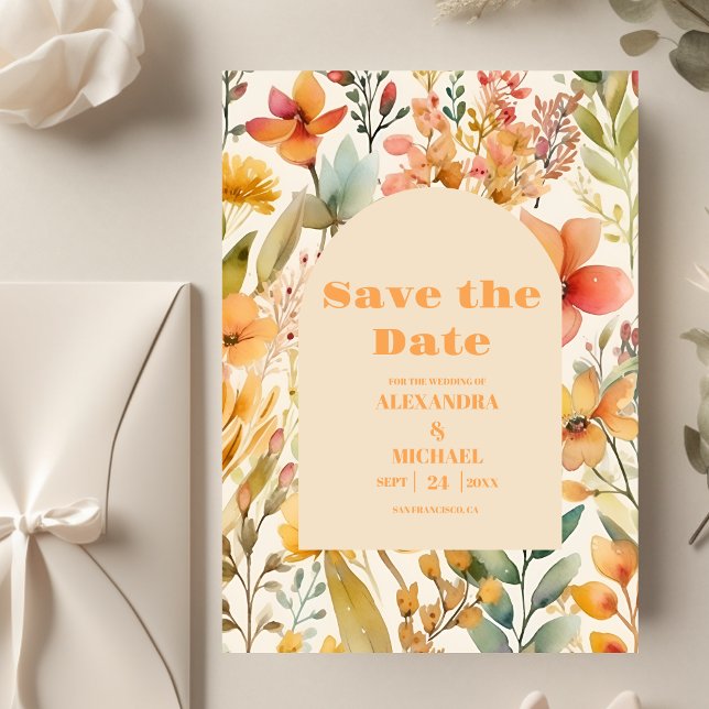 Watercolor Pink Orange Wildflowers Wedding Save The Date (Creator Uploaded)