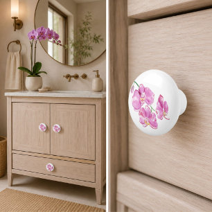 Watercolor Pink Orchids Ceramic Knob