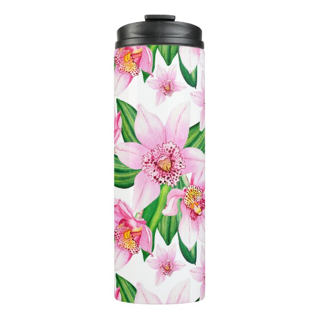 Watercolor Pink Orchids Thermal Tumbler (Front)