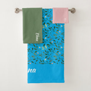 Watercolor pink pattern green leaf name turguoise bath towel set