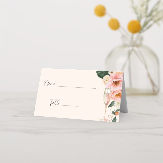 Watercolor Pink Peach Floral Champagne Place Card (Front)