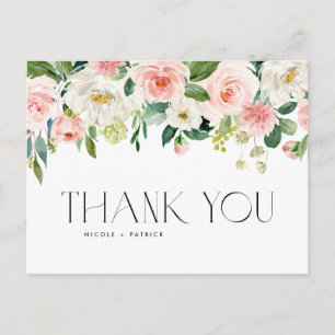 Watercolor Pink Peach Floral Garland Thank You Postcard