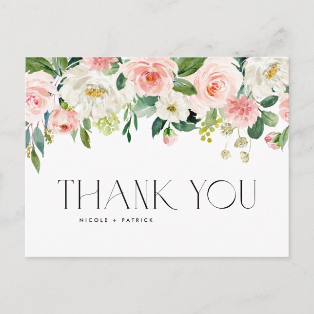 Watercolor Pink Peach Floral Garland Thank You Postcard (Front)