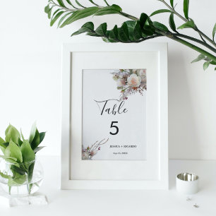Watercolor  pink peach floral winter wedding  table number