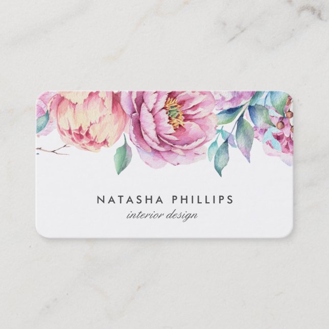 Watercolor Pink Peach Peonies Floral Business Card (Front)