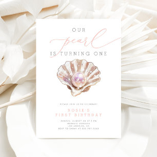 Watercolor Pink Pearl Girl 1st Birthday Invitation