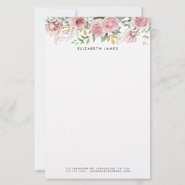 Watercolor Pink Peonies and Eucalyptus Gold Wreath Stationery (Front)
