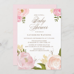 Watercolor Pink Peonies Baby Shower Invitation