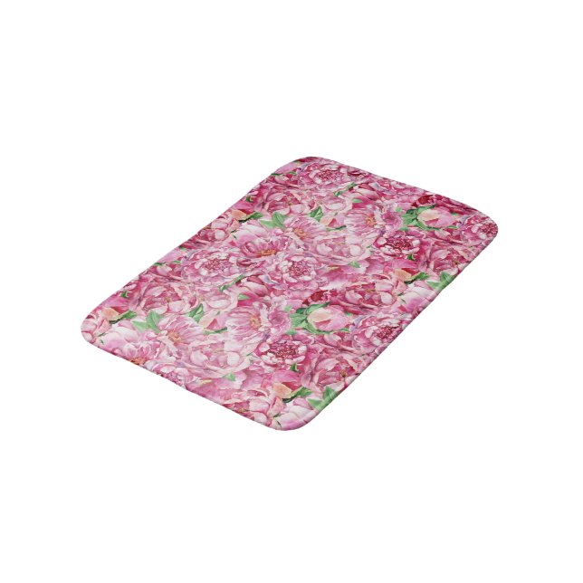 Watercolor Pink Peonies Bath Mat (Angled)
