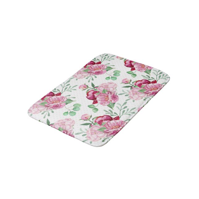 watercolor pink peonies bath mat (Angled)
