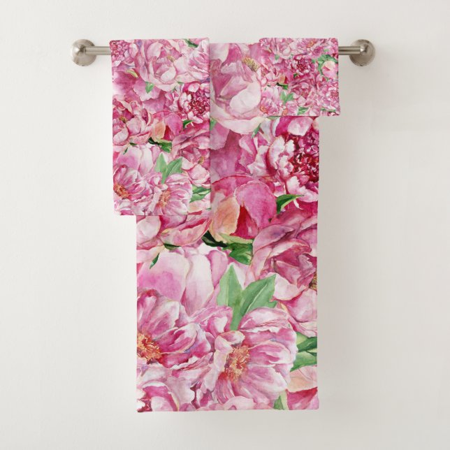 Watercolor Pink Peonies Bath Towel Set (Insitu)