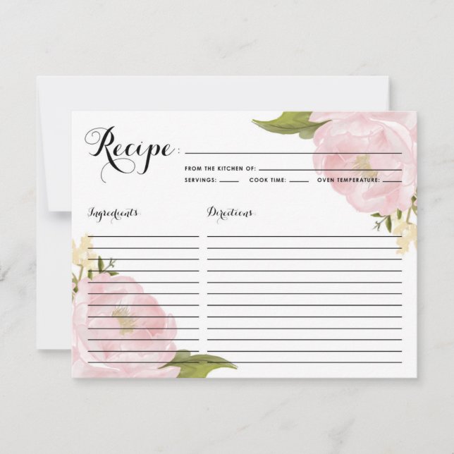 Watercolor Pink Peonies Bridal Shower Recipe Card (Front)