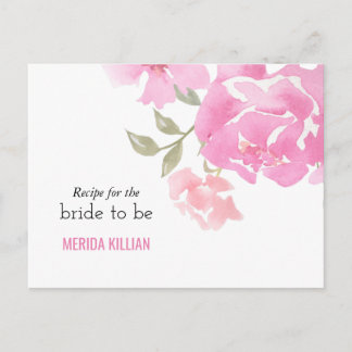 Watercolor Pink Peonies Bridal Shower Recipe Postcard
