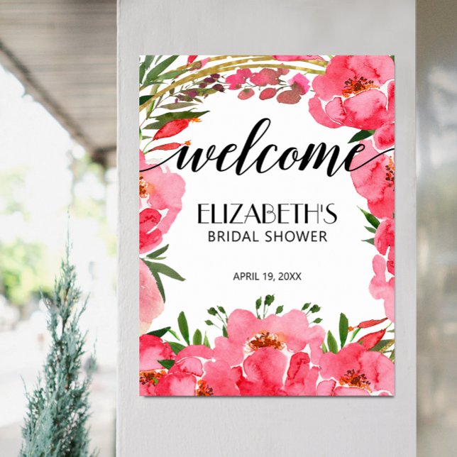 Watercolor Pink Peonies Bridal Shower Welcome Poster (Pink Peony Flowers Bridal Shower Welcome Poster, PRINTED or INSTANT DOWNLOAD)