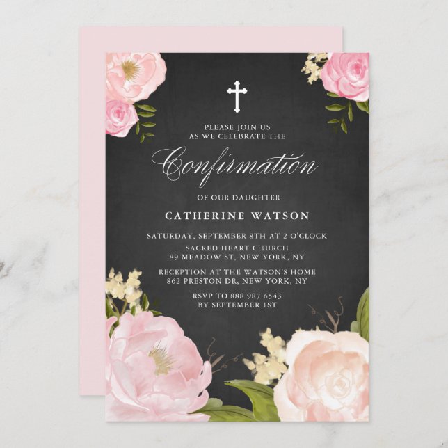 Watercolor Pink Peonies Chalkboard Confirmation Invitation (Front/Back)