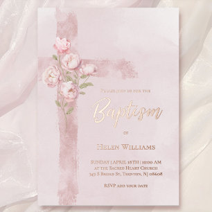 watercolor pink peonies cross Baptism