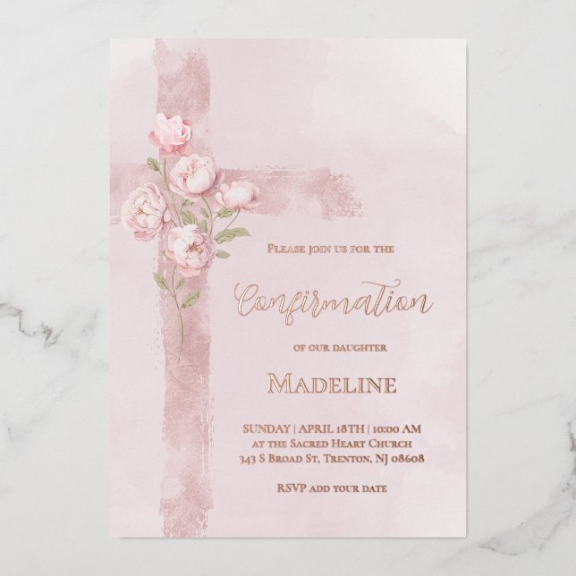 watercolor pink peonies cross Confirmation (Front)