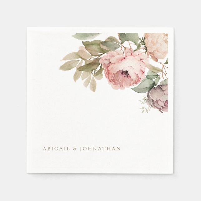 Watercolor Pink Peonies Custom Gold Text Wedding Napkin (Front)