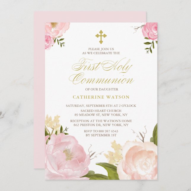 Watercolor Pink Peonies First Holy Communion II Invitation (Front/Back)