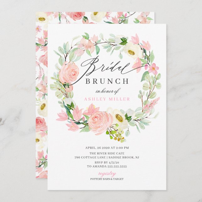 Watercolor Pink Peonies Floral Bridal Brunch Invitation (Front/Back)