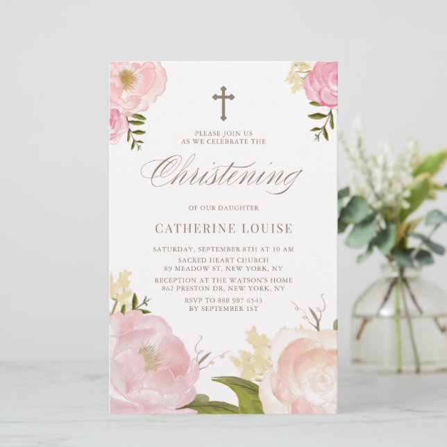 Watercolor Pink Peonies Floral Christening Invite (Standing Front)