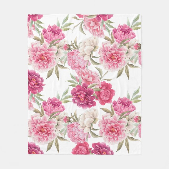 Watercolor Pink Peonies: Floral Elegance Fleece Blanket (Front)
