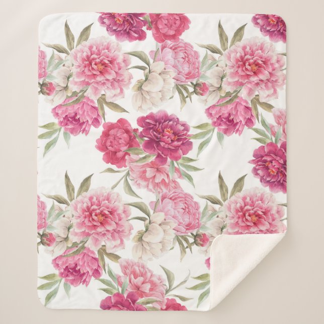 Watercolor Pink Peonies: Floral Elegance Sherpa Blanket (Front)