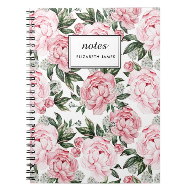 Watercolor Pink Peonies Floral Pattern chic Custom Notebook (Front)
