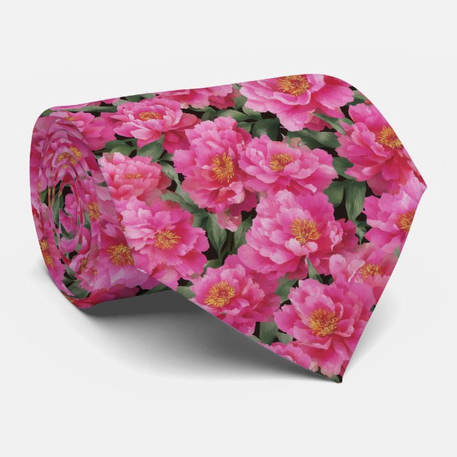 Watercolor Pink Peonies Floral Pattern Tie (Rolled)
