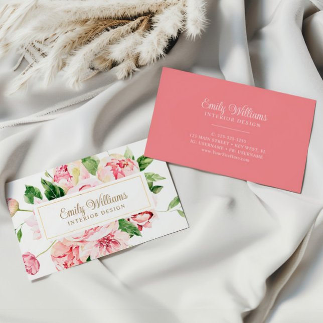 Watercolor Pink Peonies Flowers Business Card (Creator Uploaded)