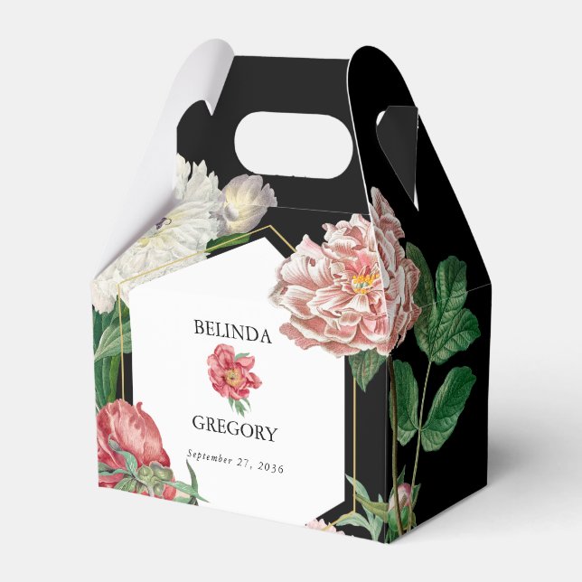 Watercolor Pink Peonies Flowers Wedding Black Favour Box (Front Side)