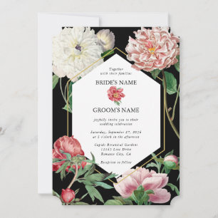 Watercolor Pink Peonies Flowers Wedding Black Invitation
