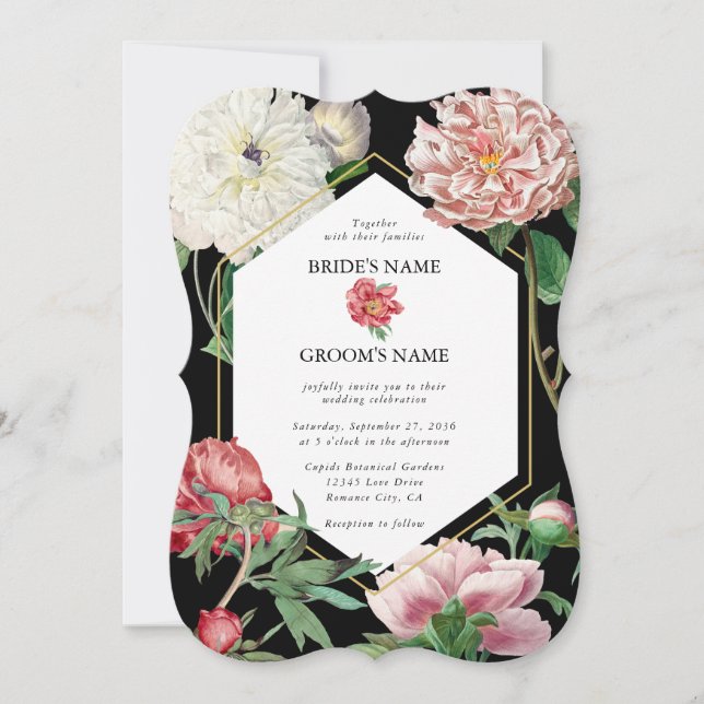 Watercolor Pink Peonies Flowers Wedding Black Invitation (Front)